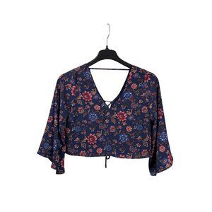 Forever 21 Floral Navy Blue Multicolor Crop Top Bell Sleeve Lace Up Back Size S